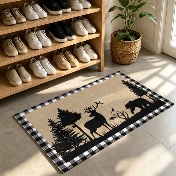 Front Door Mat,Welcome Mats Christmas Farm Elk Pine Tree Shadow Low Pile Doormat Non-Slip Entrance Rug Rustic Burlap Buffalo Plaid Indoor Outdoor Floor Mats for Entryway Bathroom Kitchen,24x36in