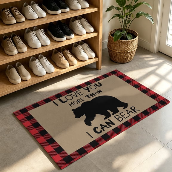 Front Door Mat,Welcome Mats Christmas Forest Bear Shadow Low Pile Doormat Non-Slip Entrance Rug Vintage Red Black Buffalo Plaid Indoor Outdoor Floor Mats for Entryway Bathroom Kitchen,24x36in