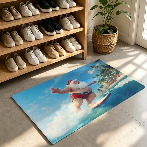 Front Door Mat,Welcome Mats Christmas Santa Claus Surfing Low Pile Doormat Non-Slip Entrance Rug Waves Beach Coconut Trees Indoor Outdoor Floor Mats for Entryway Bathroom Kitchen,24x36in