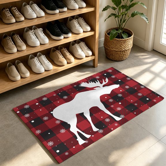 Front Door Mat,Welcome Mats Christmas White Reindeer Shadow Low Pile Doormat Non-Slip Entrance Rug Retro Black and Red Buffalo Lattice Indoor Outdoor Floor Mats for Entryway Bathroom Kitchen,24x36in