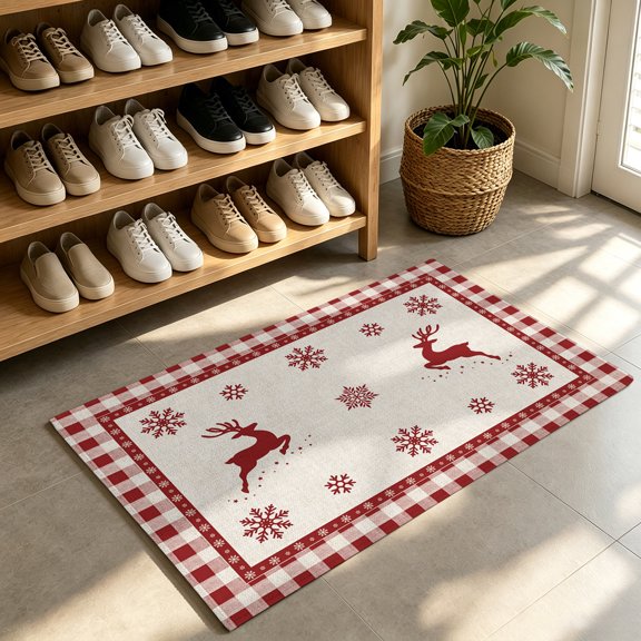Front Door Mat,Welcome Mats Elk Christmas Red Shadow Low Pile Doormat Non-Slip Entrance Rug Winter Snowflake Retro Buffalo Plaid Indoor Outdoor Floor Mats for Entryway Bathroom Kitchen,24x36in