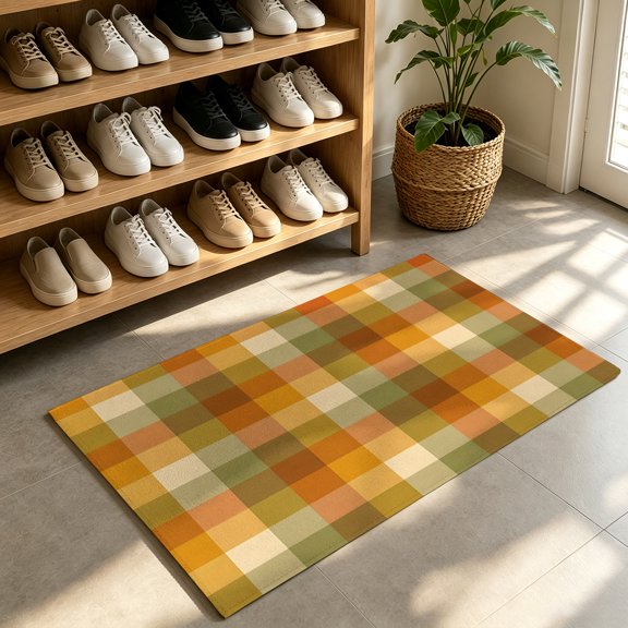 Front Door Mat,Welcome Mats Fall Farmhouse Gingham Grid Low Pile Doormat Non-Slip Entrance Rug Vintage Boho Plaid Indoor Outdoor Floor Mats for Entryway Bathroom Kitchen,24x36in