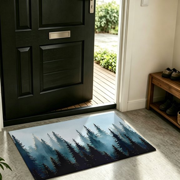 Front Door Mat,Welcome Mats Forest Jungle Black Shadow Low Pile Doormat Non-Slip Entrance Rug Natural Landscape Blue Gradient Indoor Outdoor Floor Mats for Entryway Bathroom Kitchen,16x24in