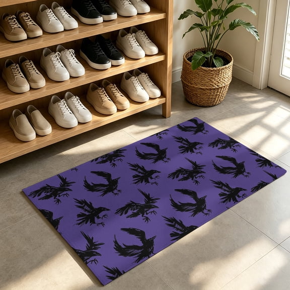 Front Door Mat,Welcome Mats Halloween Crow Horror Black Shadow Low Pile Doormat Non-Slip Entrance Rug Retro Purple Indoor Outdoor Floor Mats for Entryway Bathroom Kitchen,24x36in