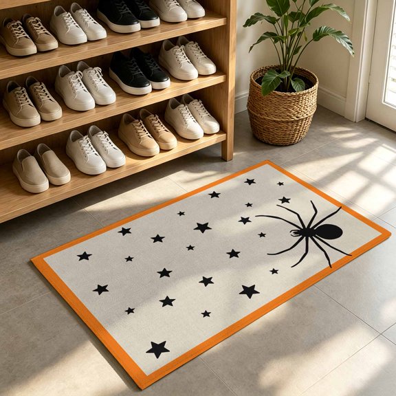 Front Door Mat,Welcome Mats Halloween Spiders- Stars Black Shadow Low Pile Doormat Non-Slip Entrance Rug Orange Border Cartoon Indoor Outdoor Floor Mats for Entryway Bathroom Kitchen,24x36in
