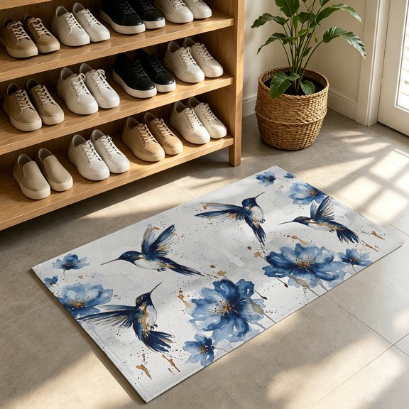 Front Door Mat,Welcome Mats Hummingbird Bird Blue Flower Gradient Low Pile Doormat Non-Slip Entrance Rug Abstract Gold Splatter Indoor Outdoor Floor Mats for Entryway Bathroom Kitchen,24x36in