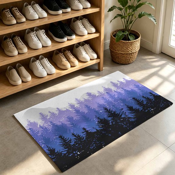 Front Door Mat,Welcome Mats Landscape Black Purple Tree Shadow Low Pile Doormat Non-Slip Entrance Rug Mountain Forest Scenery on White Indoor Outdoor Floor Mats for Entryway Bathroom Kitchen,24x36in