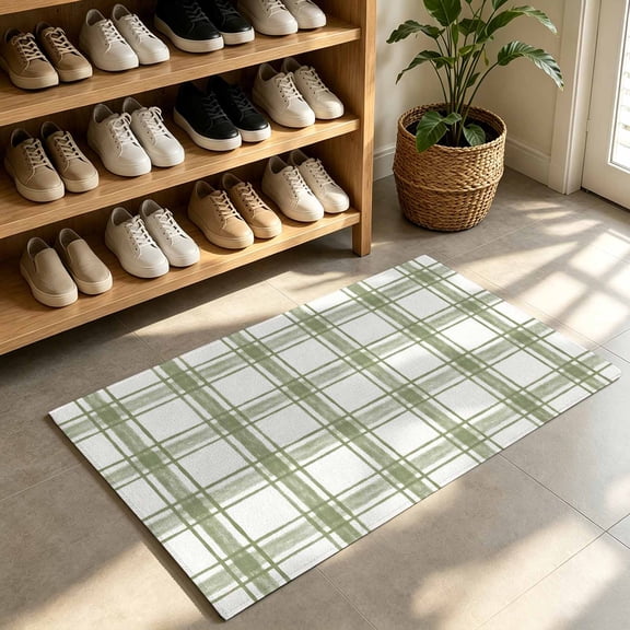 Front Door Mat,Welcome Mats Sage Green Gingham Patterns Low Pile Doormat Non-Slip Entrance Rug Minimalist Lines Indoor Outdoor Floor Mats for Entryway Bathroom Kitchen,24x36in