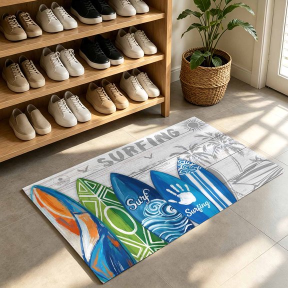 Front Door Mat,Welcome Mats Summer Surfing Tropical Surfboard Palm Tree Low Pile Doormat Non-Slip Entrance Rug Wood Board Indoor Outdoor Floor Mats for Entryway Bathroom Kitchen,24x36in