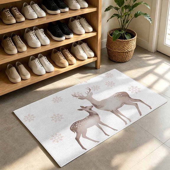 Front Door Mat,Welcome Mats Winter Christmas Reindeer Shadow Low Pile Doormat Non-Slip Entrance Rug Snowflakes on Ivory Indoor Outdoor Floor Mats for Entryway Bathroom Kitchen,24x36in