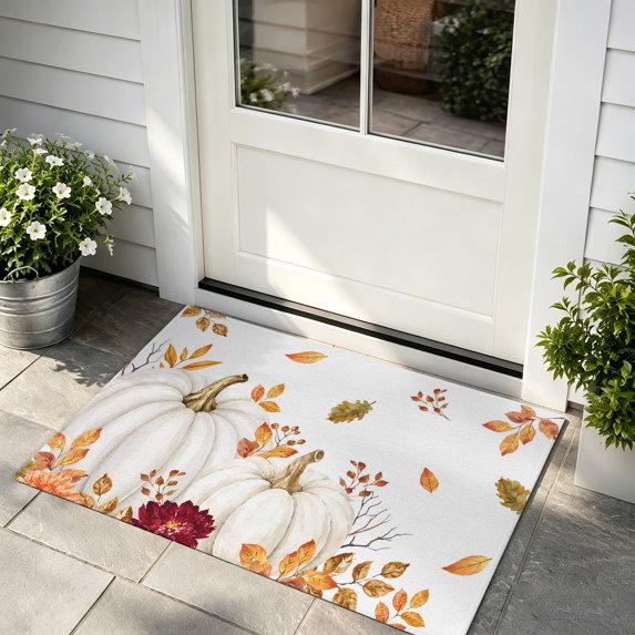 Front Door Mat, White Pumpkins Fall Door Mat Outside Entrance TPR ...