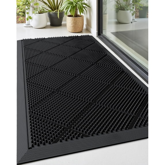 Front Door Mats Outside Entrance, 17x36 Rubber Waterproof Dirt Trapping Entry Mat for Entryway, Heavy Duty Non-Slip Low-Profile Welcome Doormat All Weather for Patio, Black