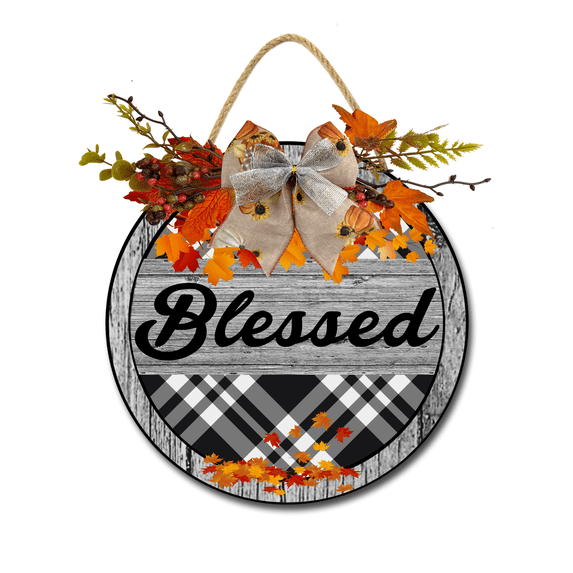 Front Door Porch Decorations Blessed Door Hanging Sign 11 inch Wooden Wall Sign, Rustic Holiday Wreath Decor for Front Door Porch Home Window Wall Farmhouse Decorations