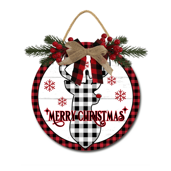Front Door Porch Decorations Christmas Deer Door Hanging Sign 11 inch Wooden Wall Sign, Rustic Holiday Wreath Decor for Front Door Porch Home Window Wall Farmhouse Decorations