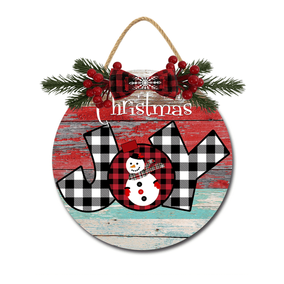 Front Door Porch Decorations Christmas Joy Door Hanging Sign 11 inch Wooden Wall Sign, Rustic Holiday Wreath Decor for Front Door Porch Home Window Wall Farmhouse Decorations