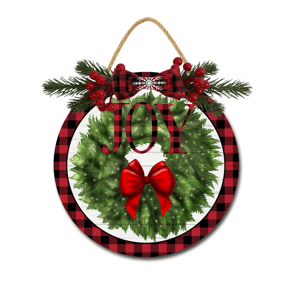 Front Door Porch Decorations Christmas Wreath Joy Door Hanging Sign 11 inch Wooden Wall Sign, Rustic Holiday Wreath Decor for Front Door Porch Home Window Wall Farmhouse Decorations