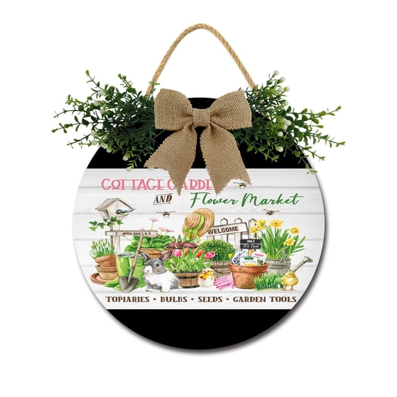 Front Door Porch Decorations Cottage Garden Door Hanging Sign 12 inch Wooden Wall Sign, Rustic Holiday Wreath Decor for Front Door Porch Home Window Wall Farmhouse Decorations
