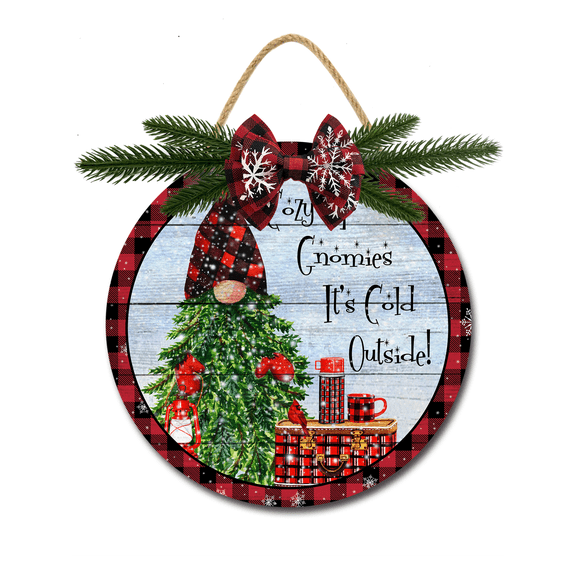 Front Door Porch Decorations Cozy Up Gnomies It's Cold Outside Door Hanging Sign 11 inch Wooden Wall Sign, Rustic Holiday Wreath Decor for Front Door Porch Home Window Wall Farmhouse Decorations