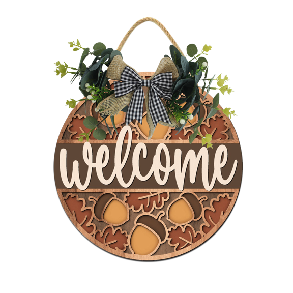 Front Door Porch Decorations Fall Welcome Acorn Door Hanging Sign 11 inch Wooden Wall Sign, Rustic Holiday Wreath Decor for Front Door Porch Home Window Wall Farmhouse Decorations
