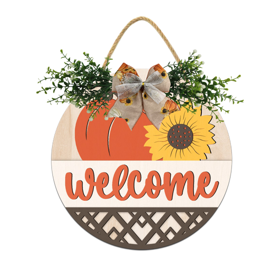 Front Door Porch Decorations Fall Welcome Door Hanging Sign 11 inch Wooden Wall Sign, Rustic Holiday Wreath Decor for Front Door Porch Home Window Wall Farmhouse Decorations