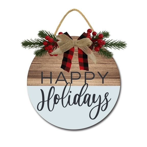 Front Door Porch Decorations Happy Holidays Door Hanging Sign 11 inch Wooden Wall Sign, Rustic Holiday Wreath Decor for Front Door Porch Home Window Wall Farmhouse Decorations