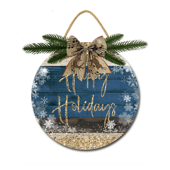 Front Door Porch Decorations Happy Holidays Door Hanging Sign 12 inch Wooden Wall Sign, Rustic Holiday Wreath Decor for Front Door Porch Home Window Wall Farmhouse Decorations