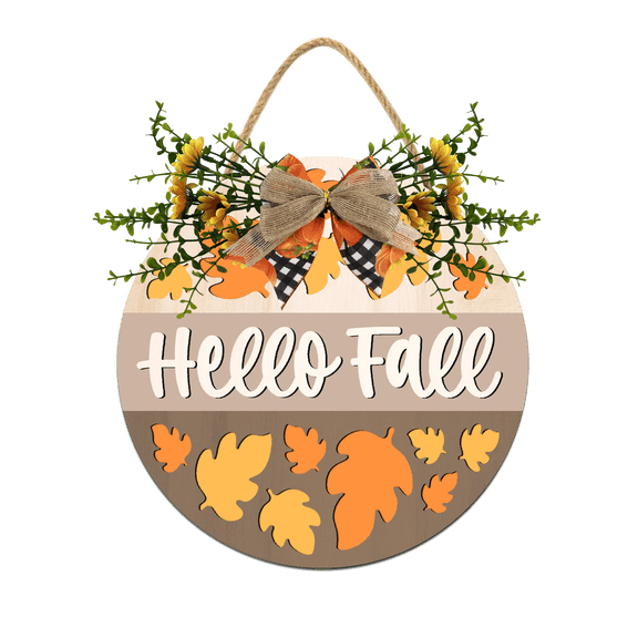 Front Door Porch Decorations Hello Fall Door Hanging Sign 11 inch Wooden Wall Sign, Rustic Holiday Wreath Decor for Front Door Porch Home Window Wall Farmhouse Decorations