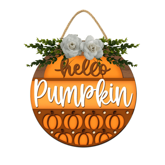 Front Door Porch Decorations Hello Pumpkin Door Hanging Sign 11 inch Wooden Wall Sign, Rustic Holiday Wreath Decor for Front Door Porch Home Window Wall Farmhouse Decorations