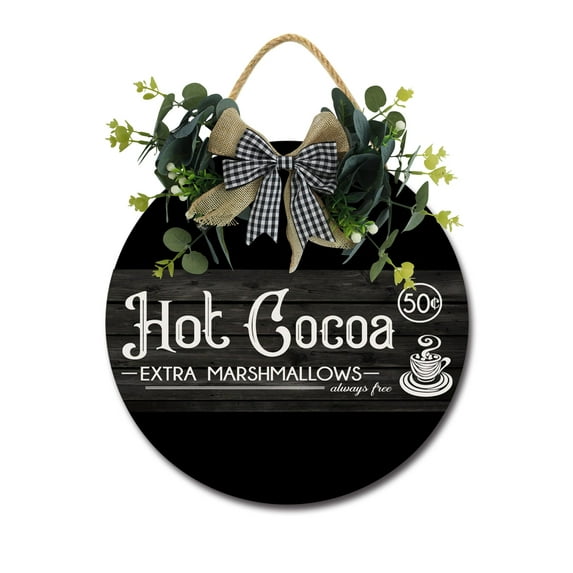 Front Door Porch Decorations Hot Cocoa Door Hanging Sign 12 inch Wooden Wall Sign, Rustic Holiday Wreath Decor for Front Door Porch Home Window Wall Farmhouse Decorations