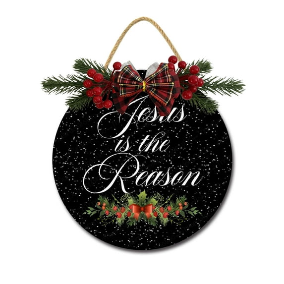 Front Door Porch Decorations Jesus Is The Reason Door Hanging Sign 11 inch Wooden Wall Sign, Rustic Holiday Wreath Decor for Front Door Porch Home Window Wall Farmhouse Decorations