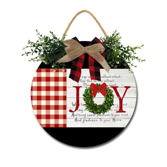 Front Door Porch Decorations Joy Christmas Door Hanging Sign 11 inch Wooden Wall Sign, Rustic Holiday Wreath Decor for Front Door Porch Home Window Wall Farmhouse Decorations
