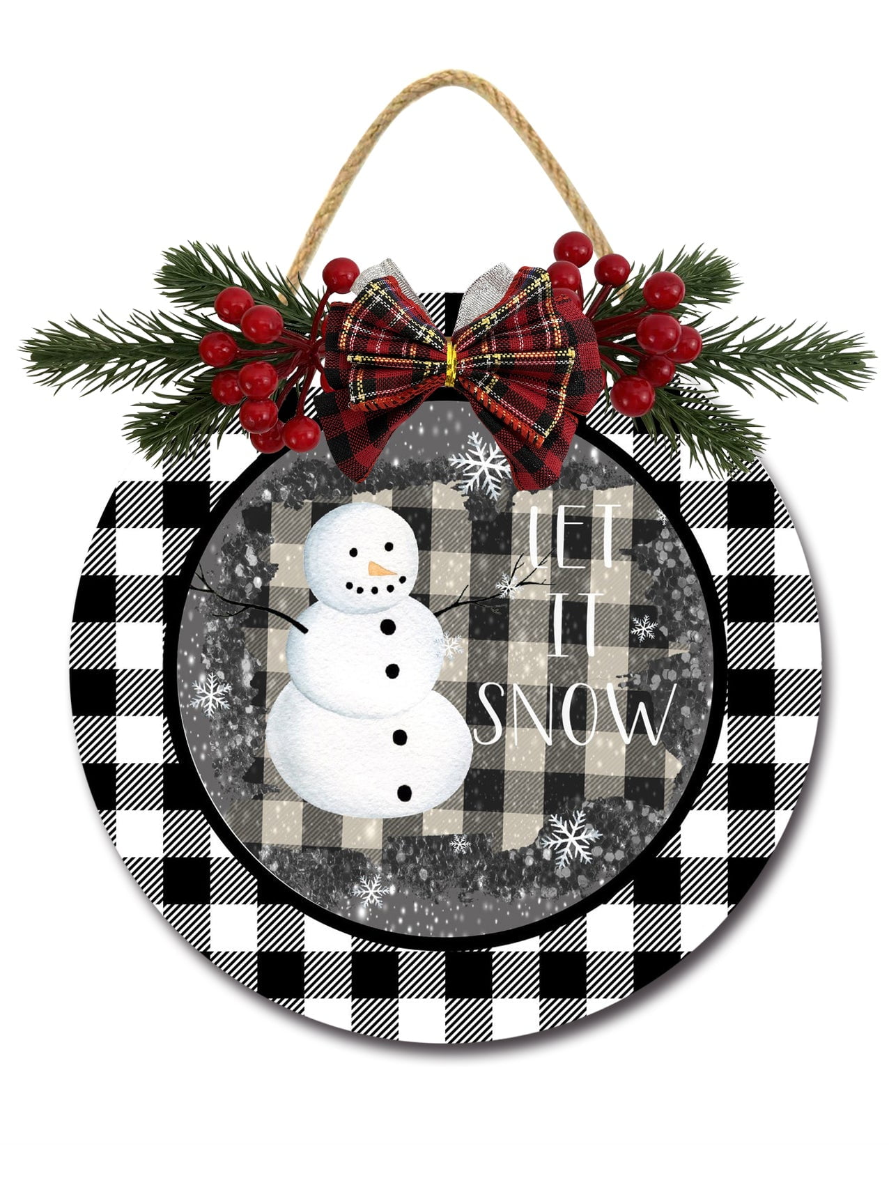 Snowman Couple Christmas Door Hanging Sign - 12 Inch Rustic Wooden Wall Decor For Porch, Farmhouse Holiday