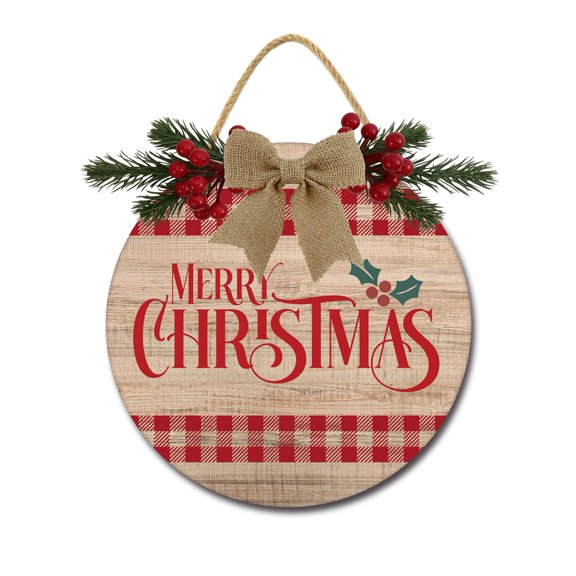 Front Door Porch Decorations Merry Christmas Door Hanging Sign 11 inch Wooden Wall Sign, Rustic Holiday Wreath Decor for Front Door Porch Home Window Wall Farmhouse Decorations