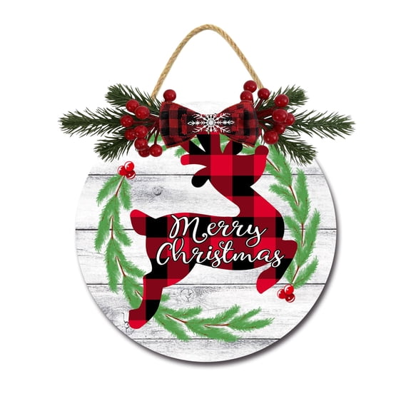 Front Door Porch Decorations Merry Deer Christmas Door Hanging Sign 11 inch Wooden Wall Sign, Rustic Holiday Wreath Decor for Front Door Porch Home Window Wall Farmhouse Decorations