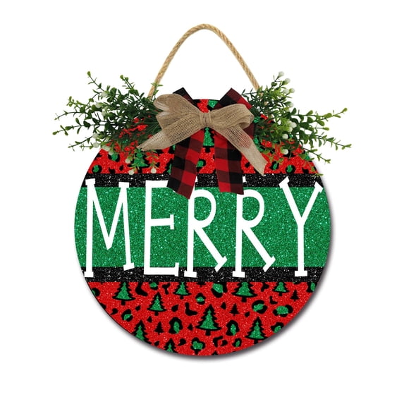 Front Door Porch Decorations Merry Door Hanging Sign 11 inch Wooden Wall Sign, Rustic Holiday Wreath Decor for Front Door Porch Home Window Wall Farmhouse Decorations
