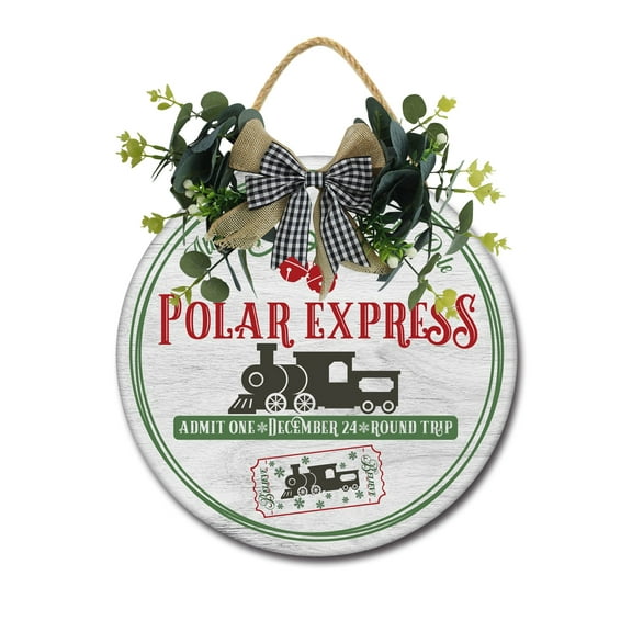 Front Door Porch Decorations Polar Express Door Hanging Sign 11 inch Wooden Wall Sign, Rustic Holiday Wreath Decor for Front Door Porch Home Window Wall Farmhouse Decorations