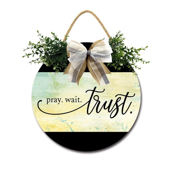 Front Door Porch Decorations Pray Wait Trust Door Hanging Sign 11 inch Wooden Wall Sign, Rustic Holiday Wreath Decor for Front Door Porch Home Window Wall Farmhouse Decorations