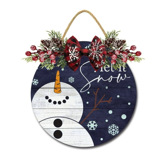 Front Door Porch Decorations Snowman Let It Snow Door Hanging Sign 11 inch Wooden Wall Sign, Rustic Holiday Wreath Decor for Front Door Porch Home Window Wall Farmhouse Decorations
