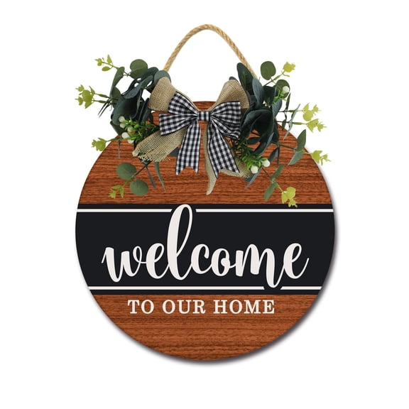 Front Door Porch Decorations Welcome To Our Home Door Hanging Sign 11 inch Wooden Wall Sign, Rustic Holiday Wreath Decor for Front Door Porch Home Window Wall Farmhouse Decorations