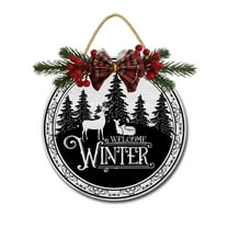 Front Door Porch Decorations Welcome Winter Door Hanging Sign 11 inch Wooden Wall Sign, Rustic Holiday Wreath Decor for Front Door Porch Home Window Wall Farmhouse Decorations