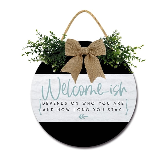 Front Door Porch Decorations Welcome-ish Door Hanging Sign 11 inch Wooden Wall Sign, Rustic Holiday Wreath Decor for Front Door Porch Home Window Wall Farmhouse Decorations