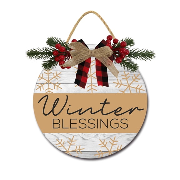 Front Door Porch Decorations Winter Blessings Door Hanging Sign 11 inch Wooden Wall Sign, Rustic Holiday Wreath Decor for Front Door Porch Home Window Wall Farmhouse Decorations