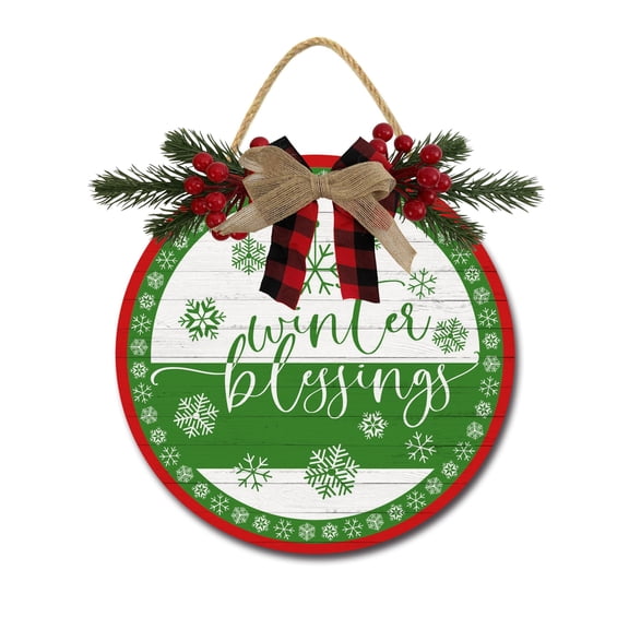 Front Door Porch Decorations Winter Blessings Door Hanging Sign 11 inch Wooden Wall Sign, Rustic Holiday Wreath Decor for Front Door Porch Home Window Wall Farmhouse Decorations