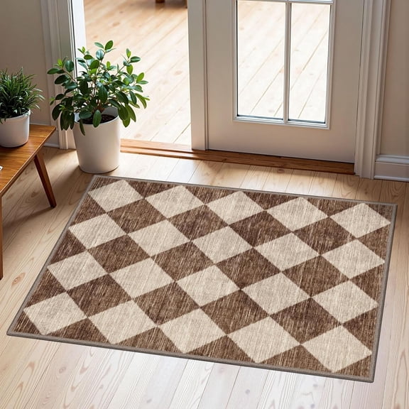 Front Door Rug - 2x3 Brown Beige Non-Slip Washable Doormat Indoor Outdoor Mat Outside Entrance Entry Rug Checkered Diamond Small Area Rugs for Entryway Bedroom Kitchen Front Porch Decor