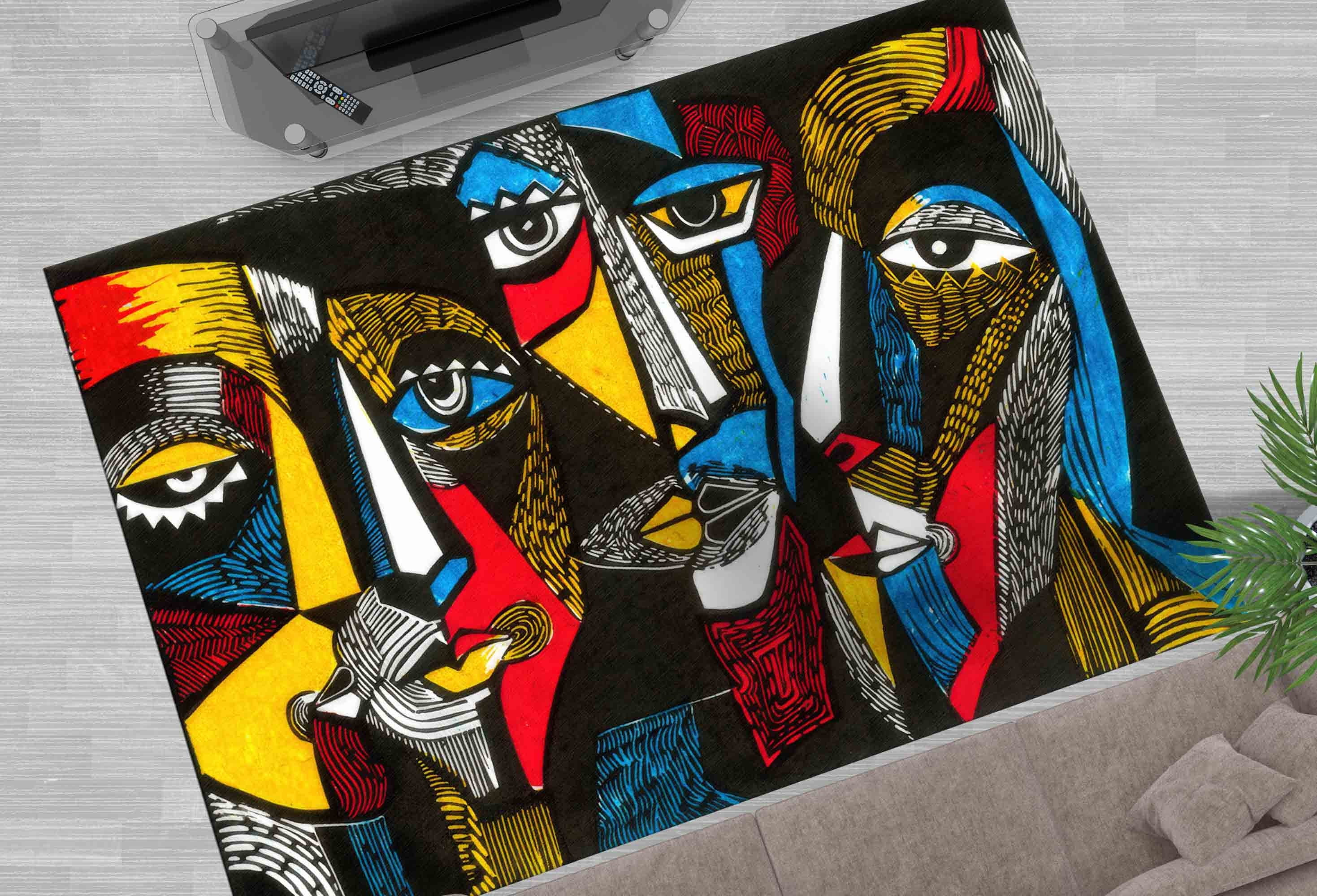 Colorful Face Rug Front Door Rug, Modern Rugs, Surreal Colored Faces Rug, Gift Rug ...