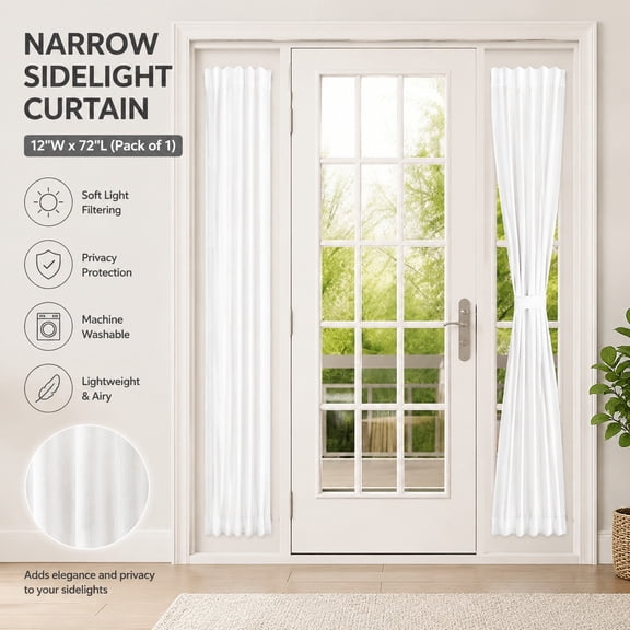 Front Door Sidelight Curtain with Magic Tape, 12x72 Window Covering, 50% Light Filtering, Single Panel, White Sheer French Curtain