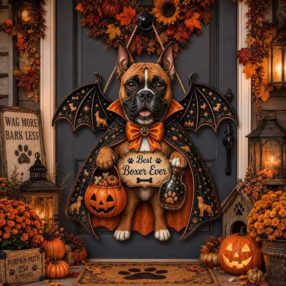 Front Door Sign Boxer Dog Halloween Hanging for Entryway Dog Lovers