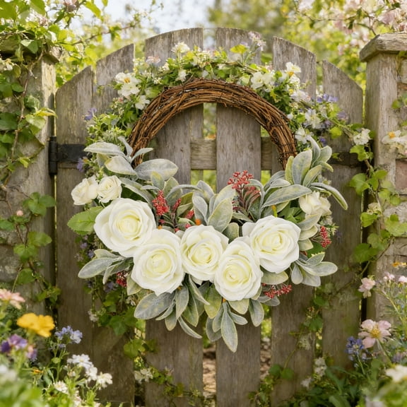 Front Door Spring Wreath Artificial Green Leaves Flowers Round Door Hanging Decoration 38cm Indoor Outdoor Home Garden Wall Porch Party Farmhouse Seasonal Decor Gift