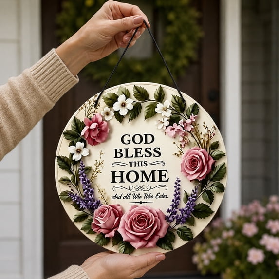 Front Door Welcome Sign, Front Door Hanging Decor, Christian Wall Decor, Vintage Floral Wall Art, 12 Inch Diameter Round Wooden Plaque with Floral Accents for Home Seasonal