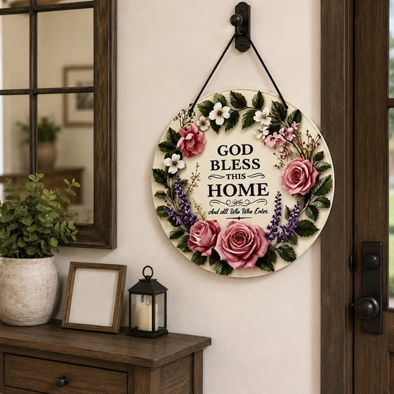 Front Door Welcome Sign, Welcome Sign for Front Porch, Farmhouse Home Decor, Christian Wall Decor, Round 8 Inch Diameter Door Hanger Sign, God Bless This Home Printed Circular